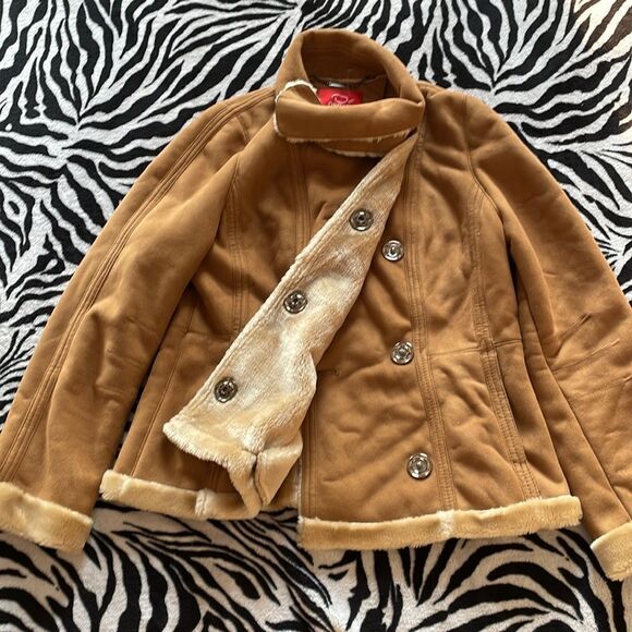 Vintage Oscar de la renta tan suede faux leather faux fur sherpa  button jacket - Picture 6 of 13